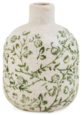 Petit vase antique beige motifs fleurs vertes