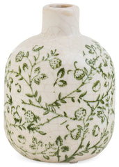 Petit vase antique beige motifs fleurs vertes