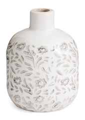 Petit vase antique beige motifs fleurs vertes